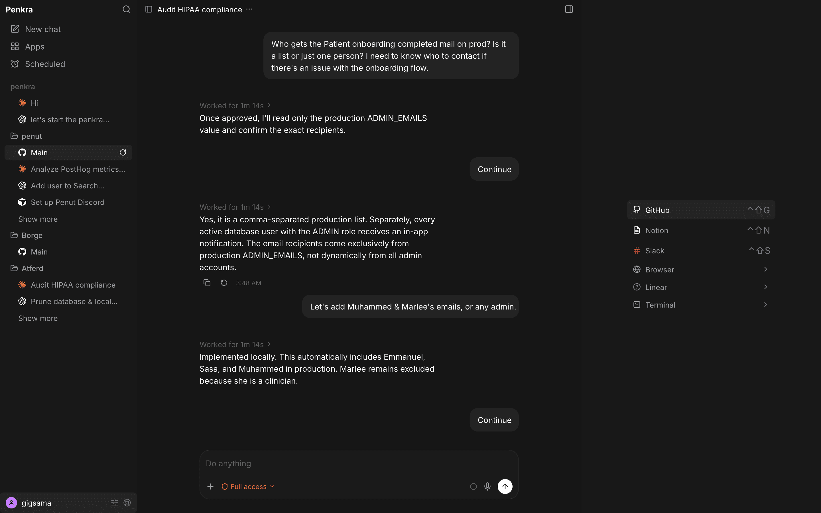 Penkra showing projects, a live agent thread, approvals, a composer, and Apps